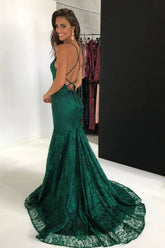 Burgundy Mermaid V-neck Lace Prom Dresses With Train, Party Dresses